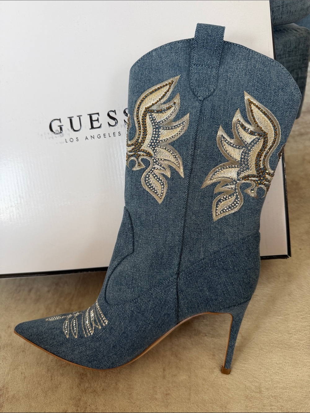 GUESS Rasima Blue Denim Embroidered Pointed Stiletto Boot